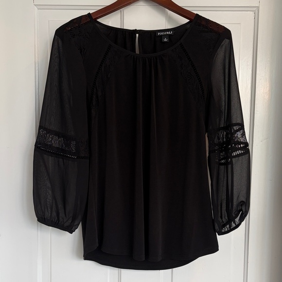 Roz & Ali Tops - Roz & Ali Black Lace-Inset Sheer Sleeve Blouse